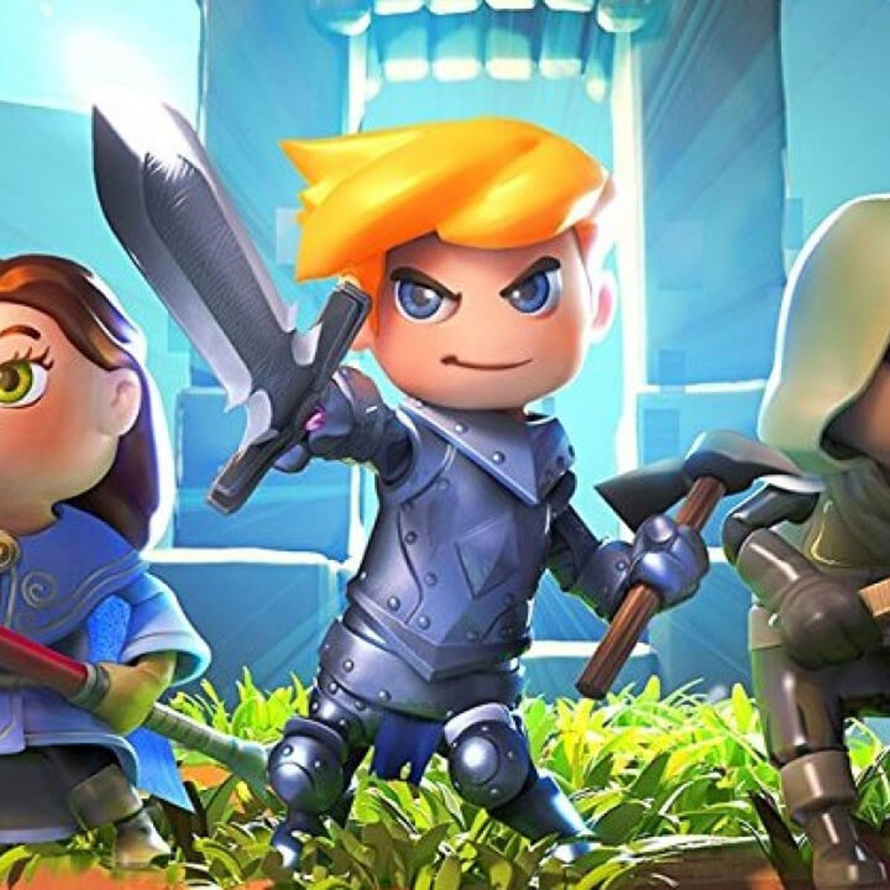 Portal Knights Key Art showing three characters holding weapons
